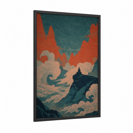 Mountain Meditation framed yoga print — black wood frame — russet and teal palette