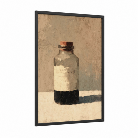 Vintage Medicine Bottle framed condiments print — black wood frame — beige and black palette