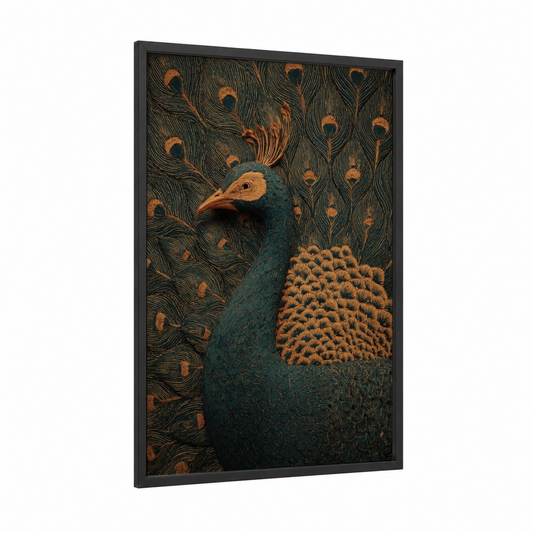 Teal Peacock Carving framed woodcarving print — black wood frame — teal and gold palette