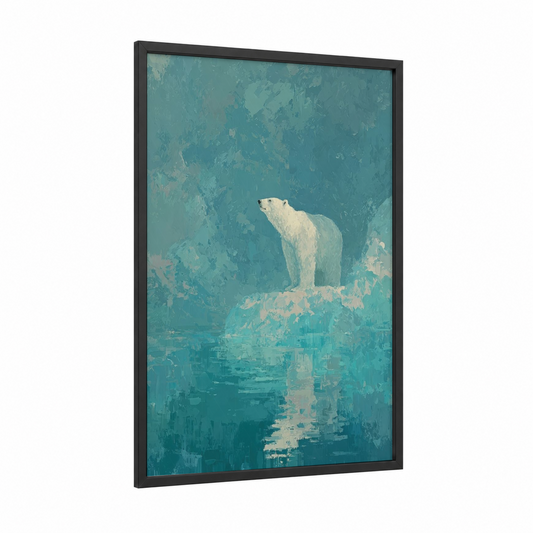Arctic Solitude framed polar bear print — black wood frame — teal and white palette