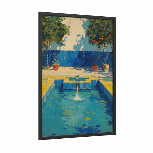 Courtyard Fountain framed fountains print — black wood frame — blue and gold and turquoise palette
