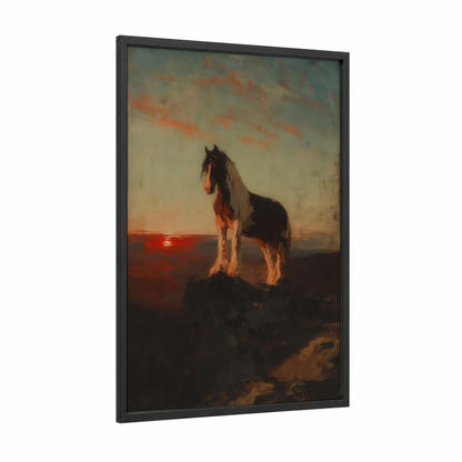 Sunset Clydesdale framed clydesdale horse print — black wood frame — gold and orange palette