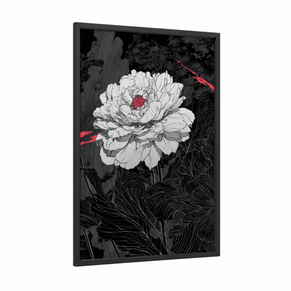 Crimson Peony framed abstract flower print — black wood frame — black and white and red palette