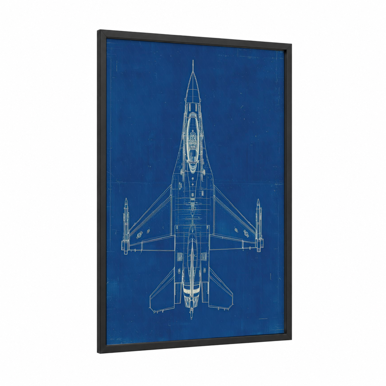 Fighter Jet Blueprint framed military plane print — black wood frame — dark blue and white palette
