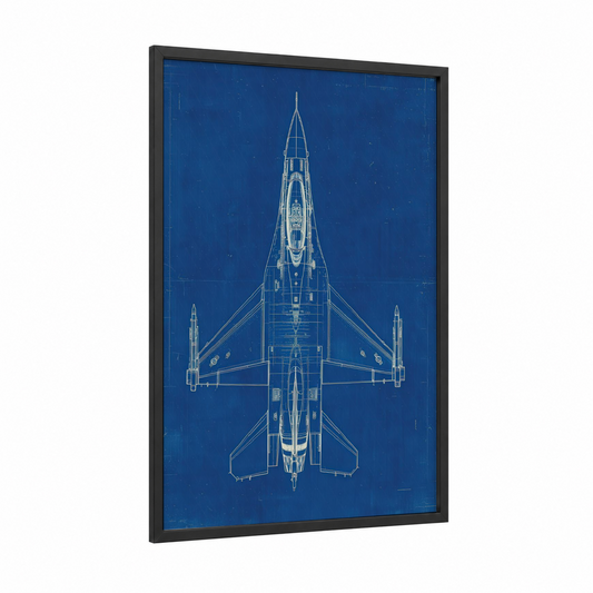 Fighter Jet Blueprint framed military plane print — black wood frame — dark blue and white palette