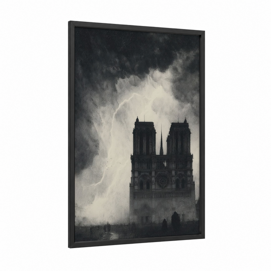 Stormy Notre-Dame framed notre dame print — black wood frame — black and white and gray palette