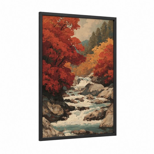 Autumn River Canyon framed rivers print — black wood frame — red and orange palette