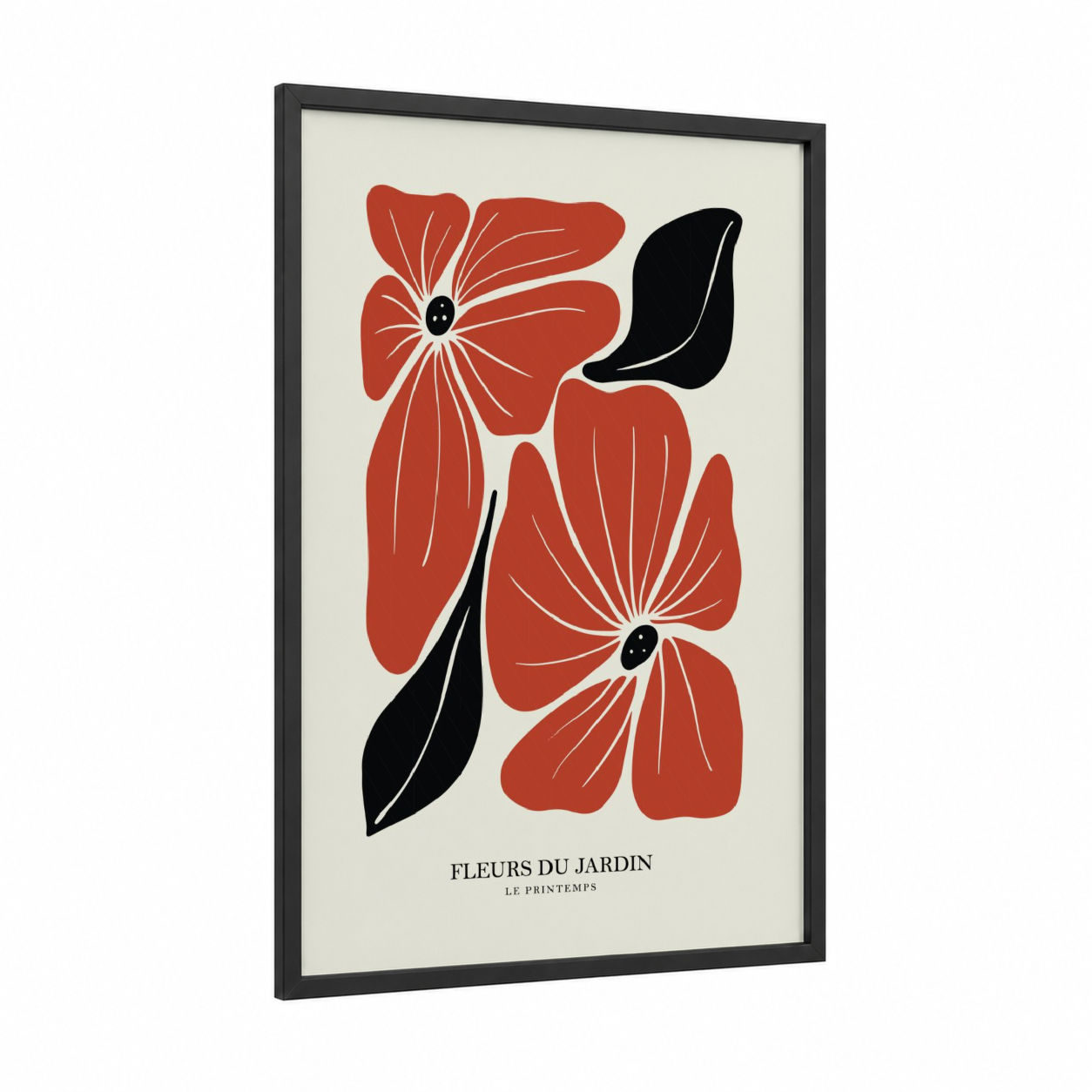 Crimson Garden Blooms framed abstract flower print — black wood frame — red and black and white palette