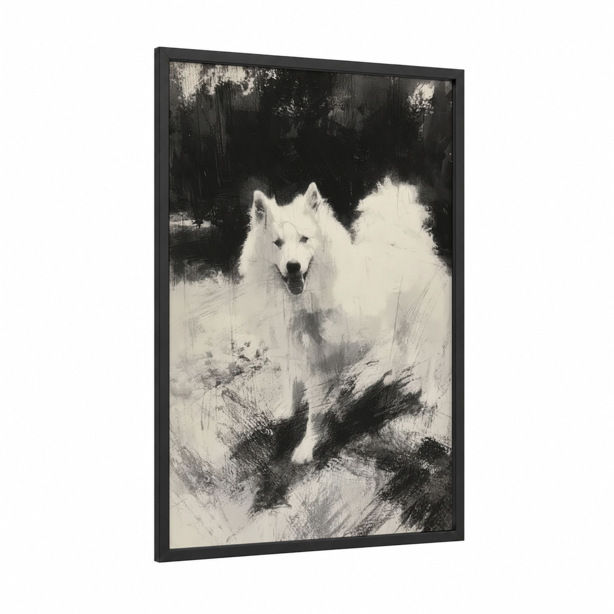 Arctic Spitz Portrait framed art print — black wood frame — black and white palette