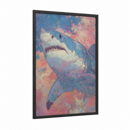 Cosmic Shark framed great white shark print — black wood frame — blue and magenta palette