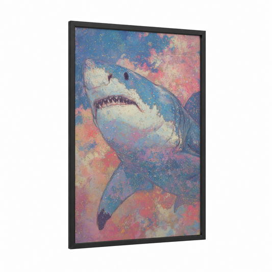 Cosmic Shark framed great white shark print — black wood frame — blue and magenta palette