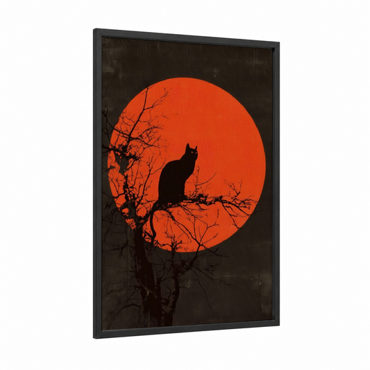 Crimson Moon Cat framed art print — black wood frame — red and black palette