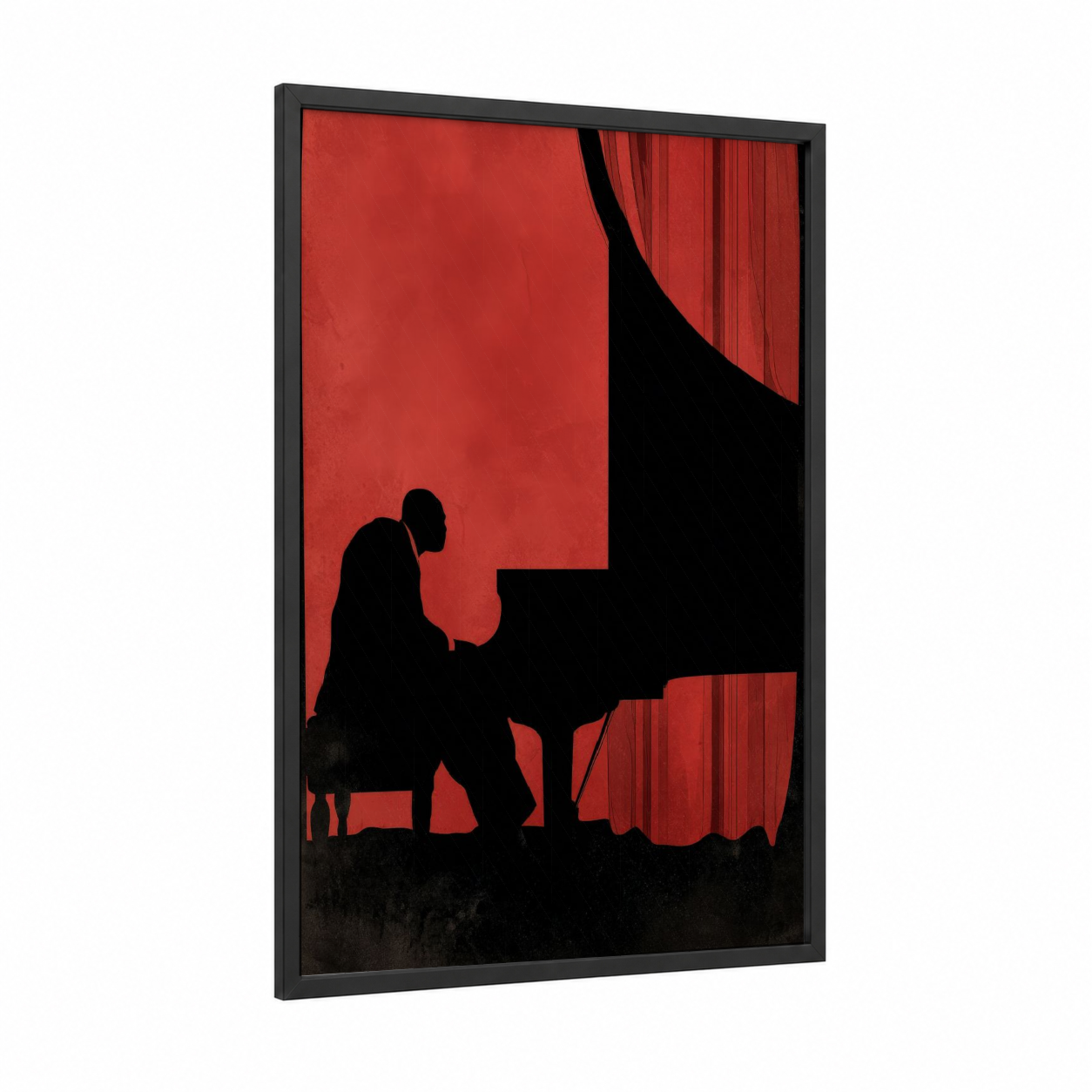 Pianist's Passion framed musician print — black wood frame — red and black palette
