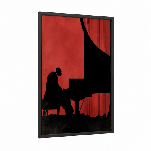 Pianist's Passion framed musician print — black wood frame — red and black palette