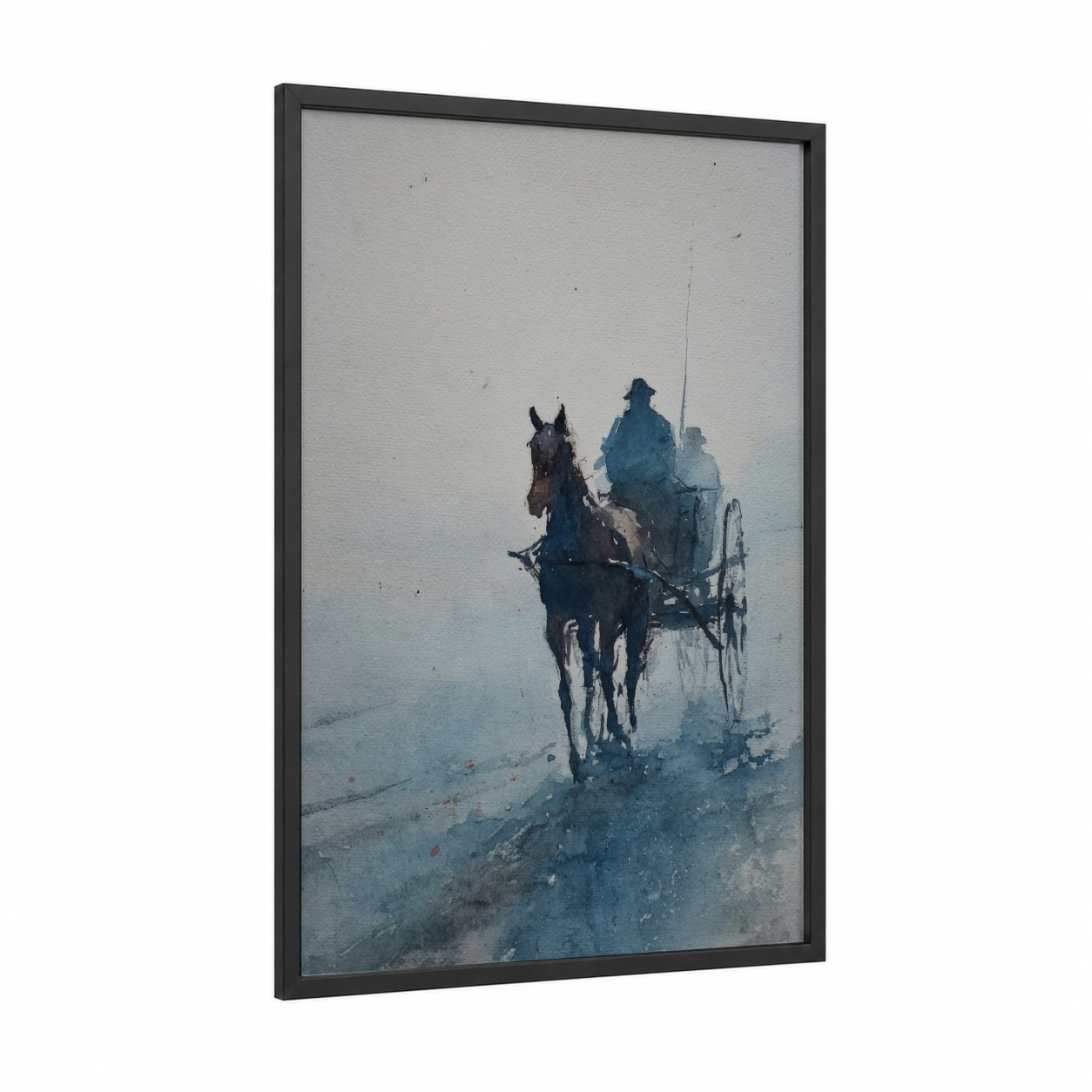 Misty Wagon Journey framed art print — black wood frame — gray and blue palette