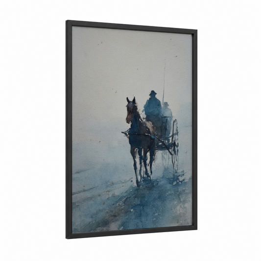 Misty Wagon Journey framed art print — black wood frame — gray and blue palette