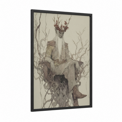 Forest Guardian Elf framed art print — black wood frame — beige and maroon palette