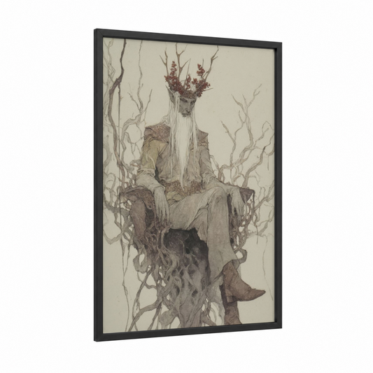 Forest Guardian Elf framed art print — black wood frame — beige and maroon palette