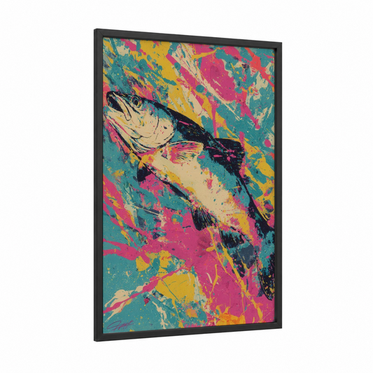 Neon Snook framed art print — black wood frame — magenta and teal palette