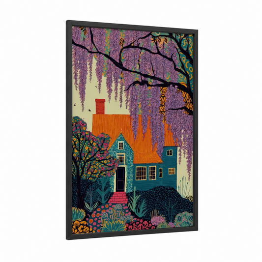 Wisteria Cottage framed art print — black wood frame — purple and orange palette