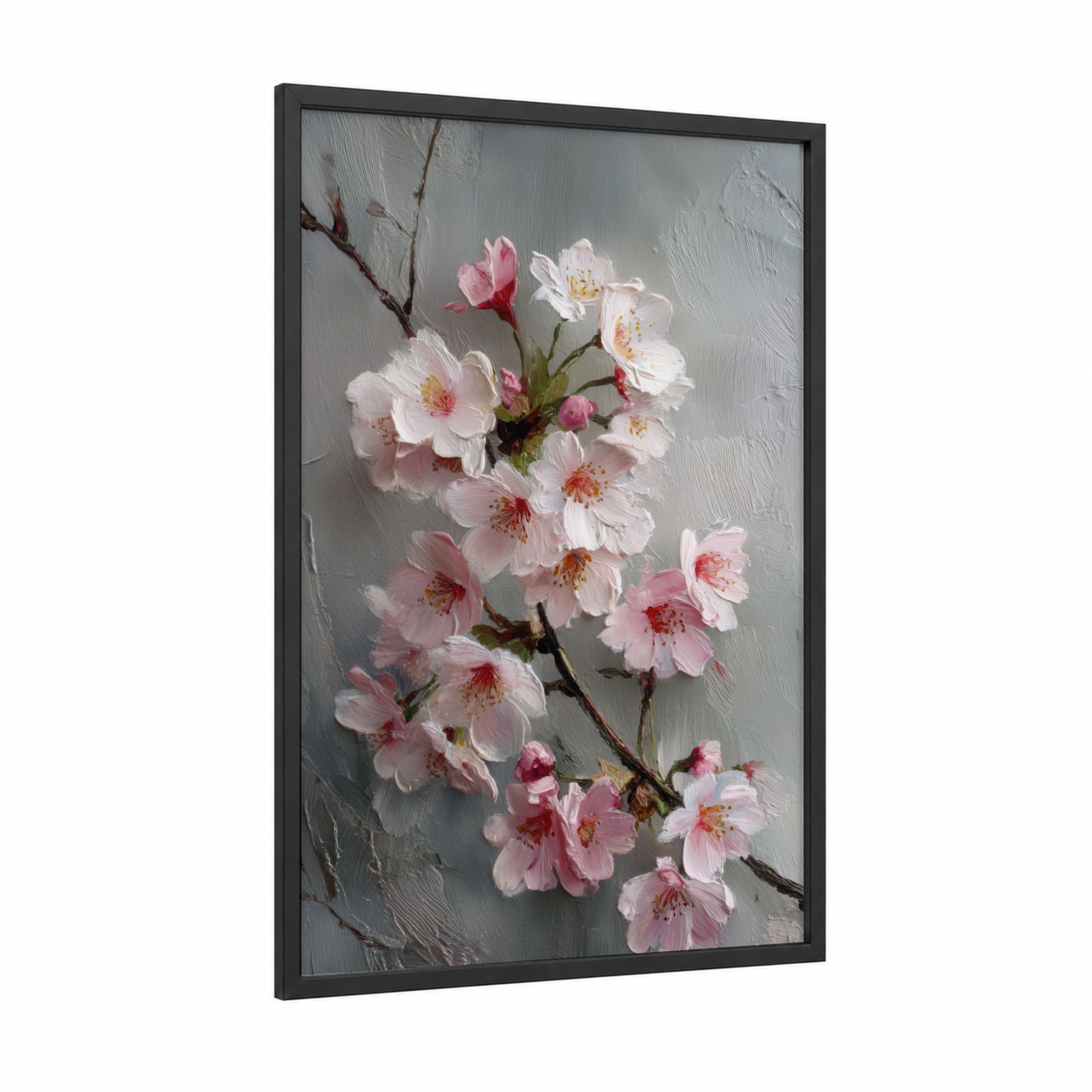 Blushing Cherry Blossoms framed art print — black wood frame — pink and white palette