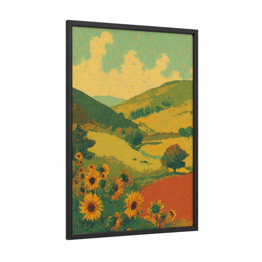 Golden Sunflower Valley framed sunflower field print — black wood frame — yellow gold and true green palette