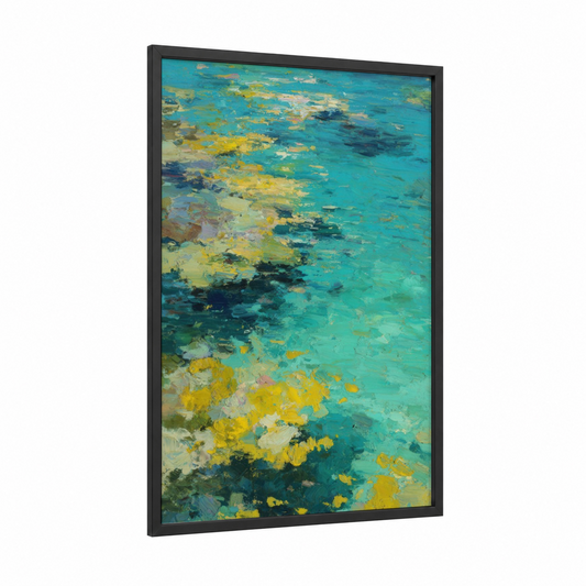 Tropical Coral Garden framed art print — black wood frame — turquoise and yellow gold palette