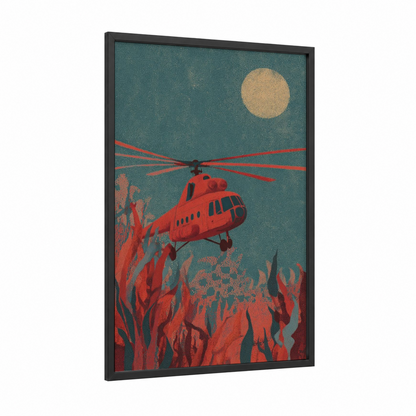 Crimson Rescue Helicopter framed art print — black wood frame — red and teal palette
