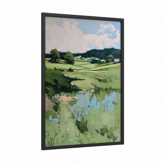 Pastoral Valley View framed various landscapes print — black wood frame — light green and blue and white palette