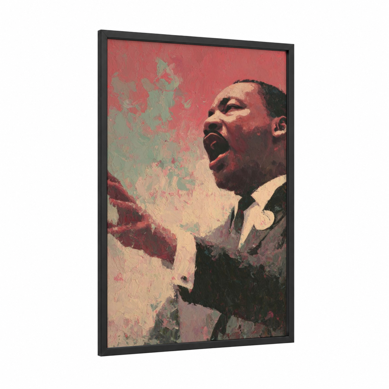 Dream Speaker framed martin luther king jr day print — black wood frame — red and sage green palette