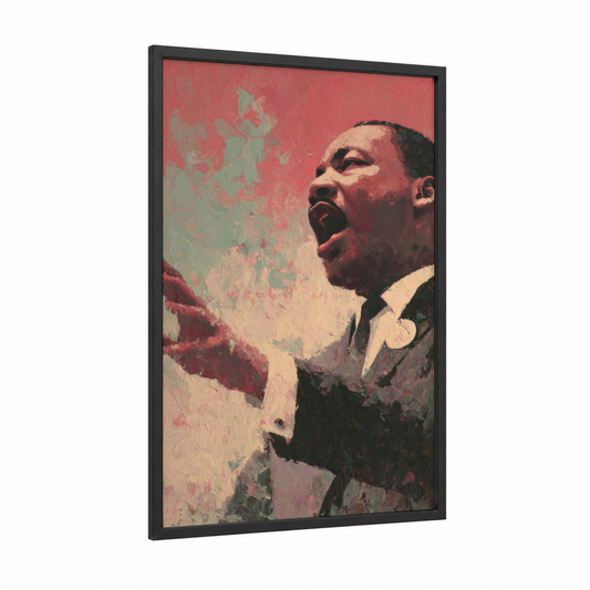 Dream Speaker framed martin luther king jr day print — black wood frame — red and sage green palette