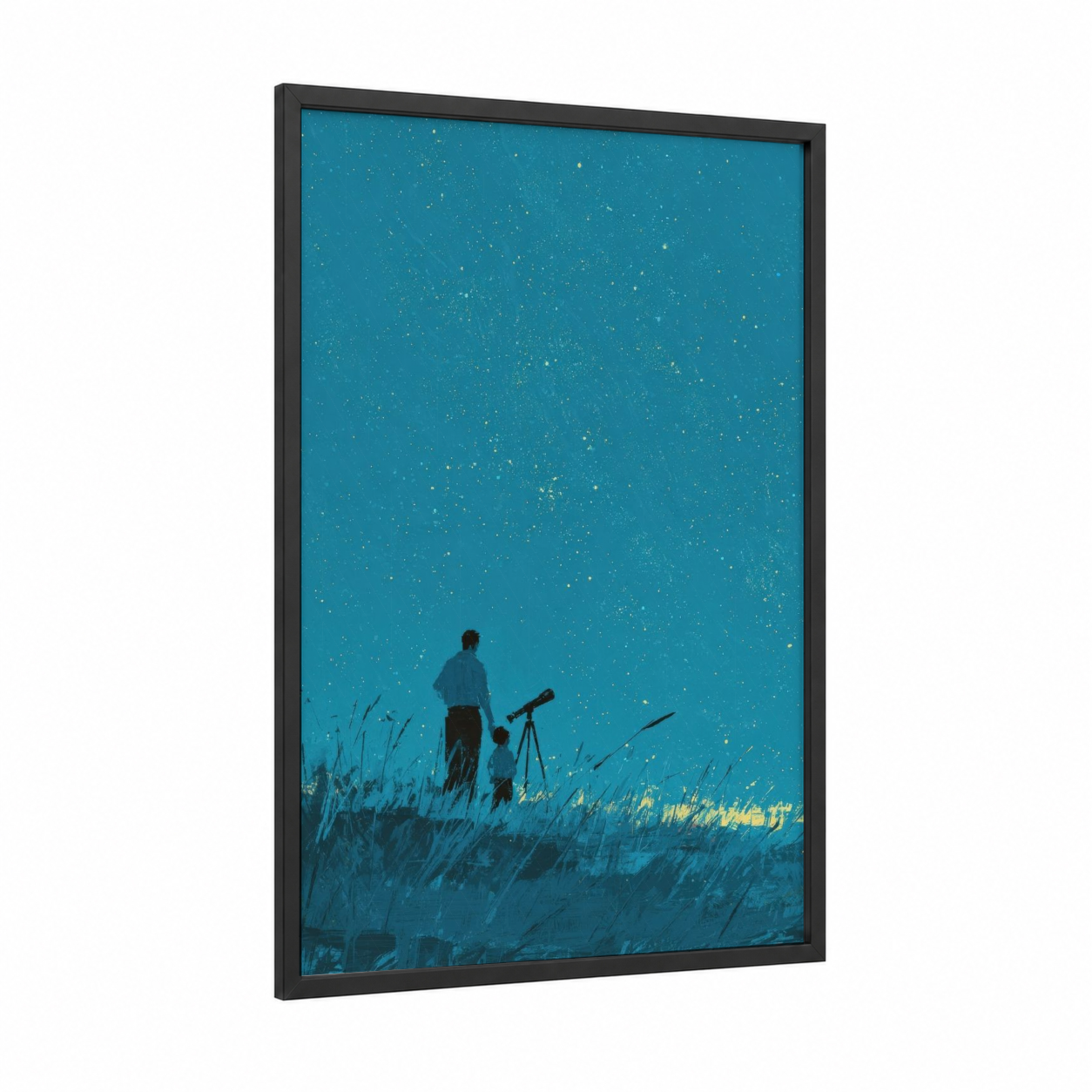 Stargazing Together framed father's day print — black wood frame — teal and white palette