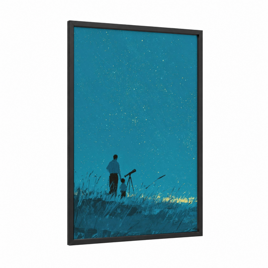 Stargazing Together framed father's day print — black wood frame — teal and white palette