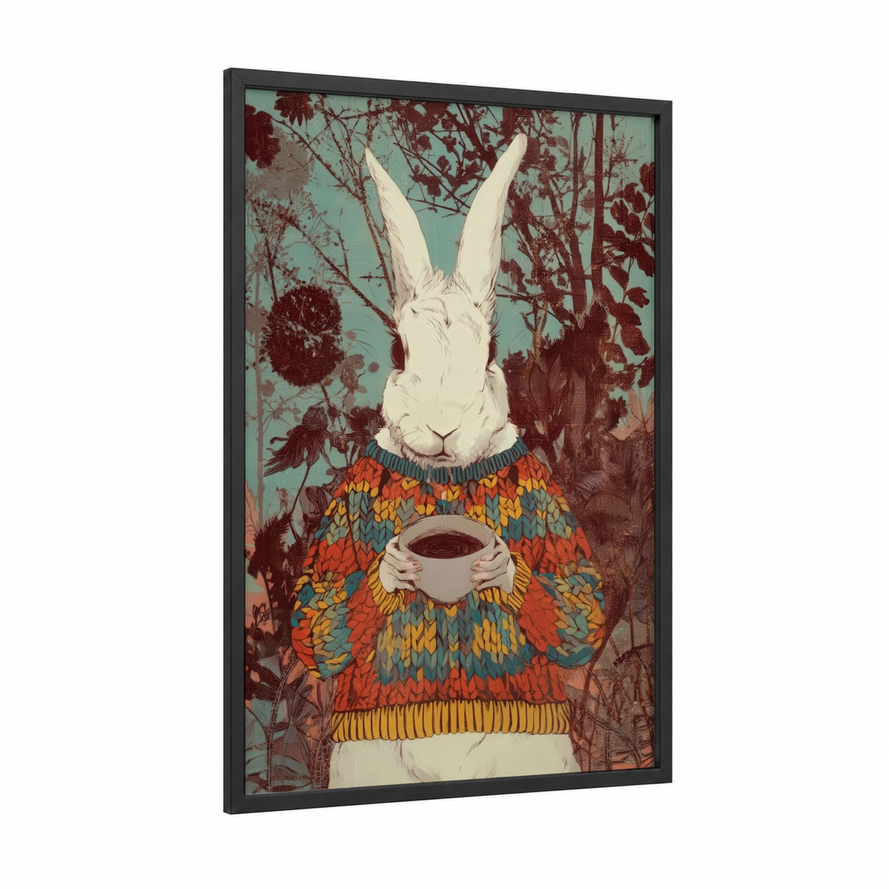 Cozy Rabbit Portrait framed art print — black wood frame — teal palette