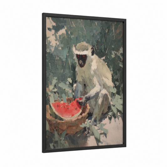 Watermelon Monkey framed art print — black wood frame — dark green and white palette