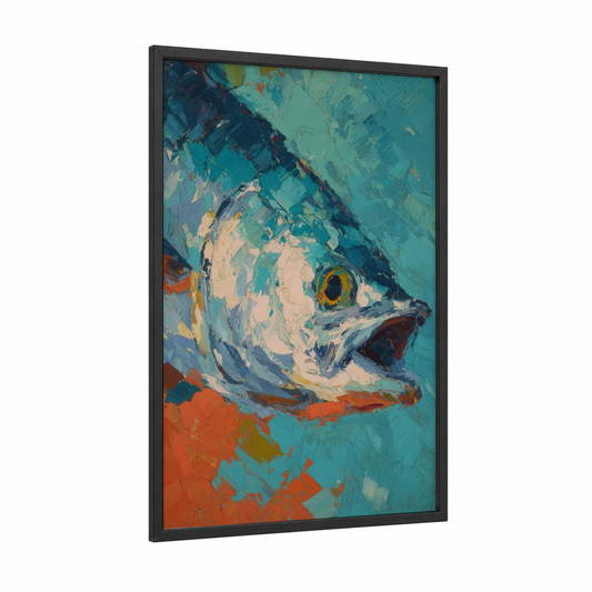 Golden Eye Tarpon framed art print — black wood frame — teal and orange palette