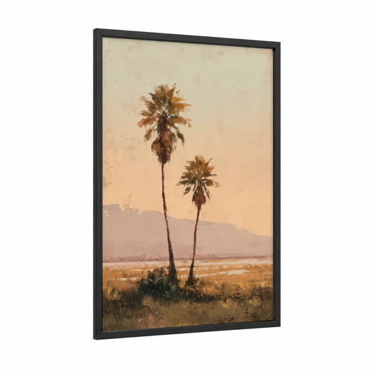 Desert Palm Pair framed palm tree print — black wood frame — gold and cream palette