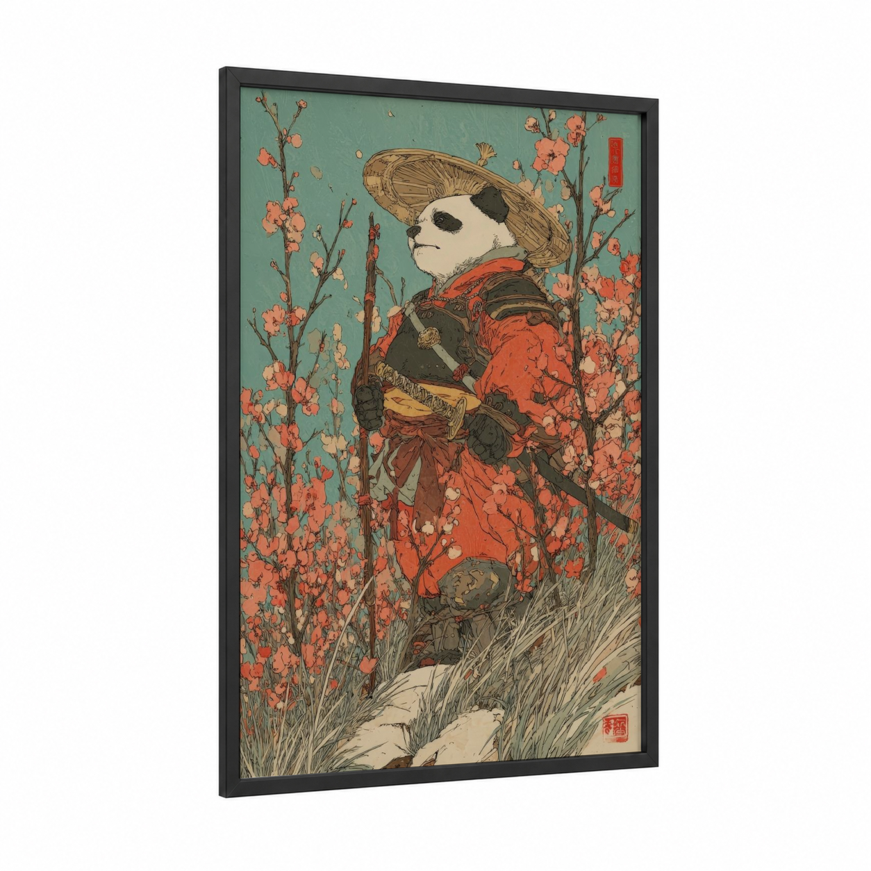 Samurai Panda framed art print — black wood frame — sage green and orange palette