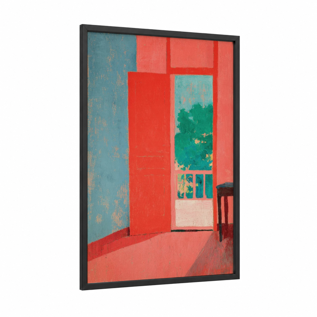Crimson Doorway framed art print — black wood frame — red and teal palette