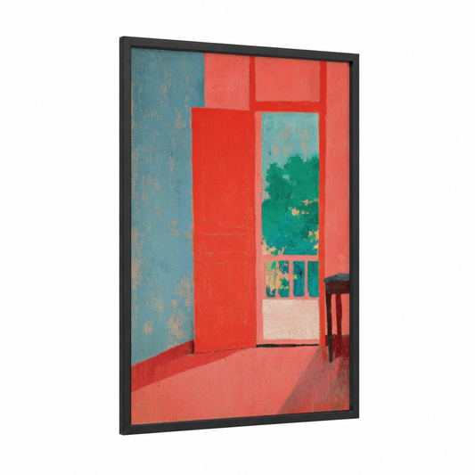 Crimson Doorway framed art print — black wood frame — red and teal palette