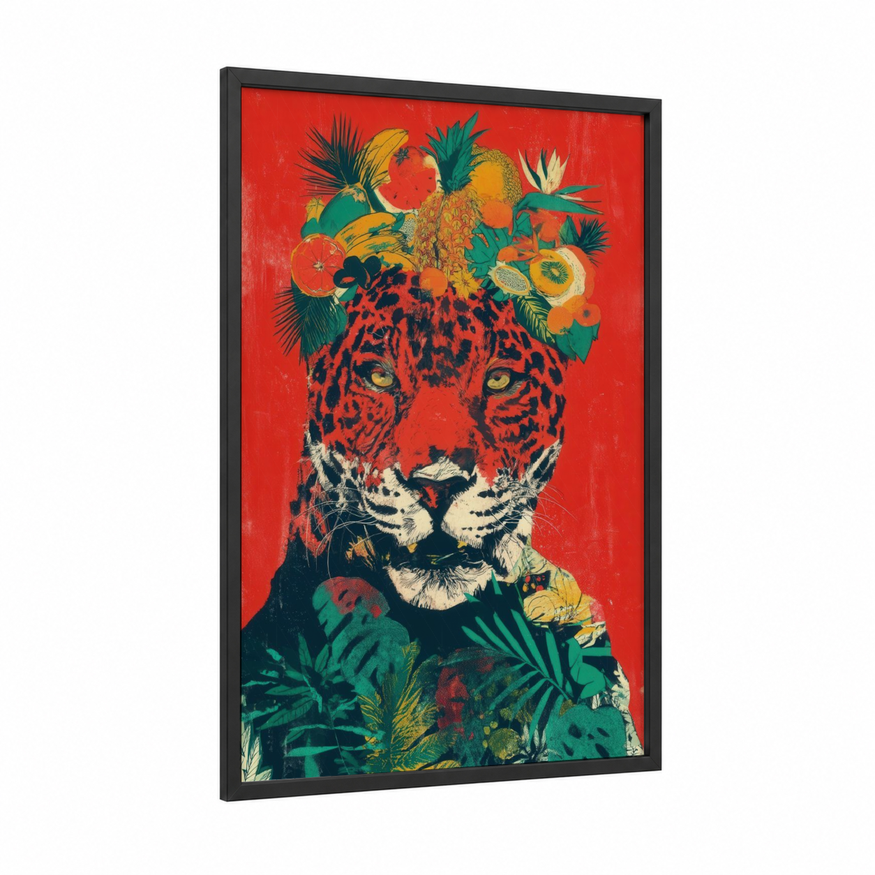 Tropical Jaguar framed art print — black wood frame — red and gold palette