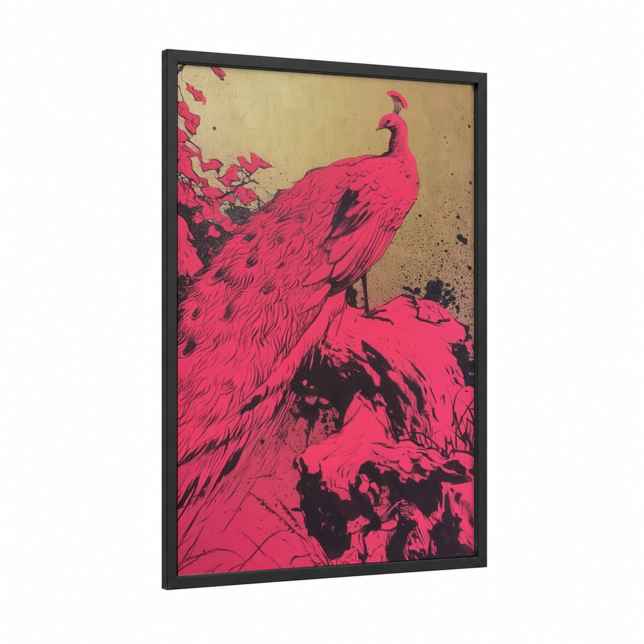 Crimson Peacock framed art print — black wood frame — magenta and cream palette