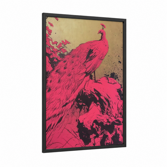 Crimson Peacock framed art print — black wood frame — magenta and cream palette