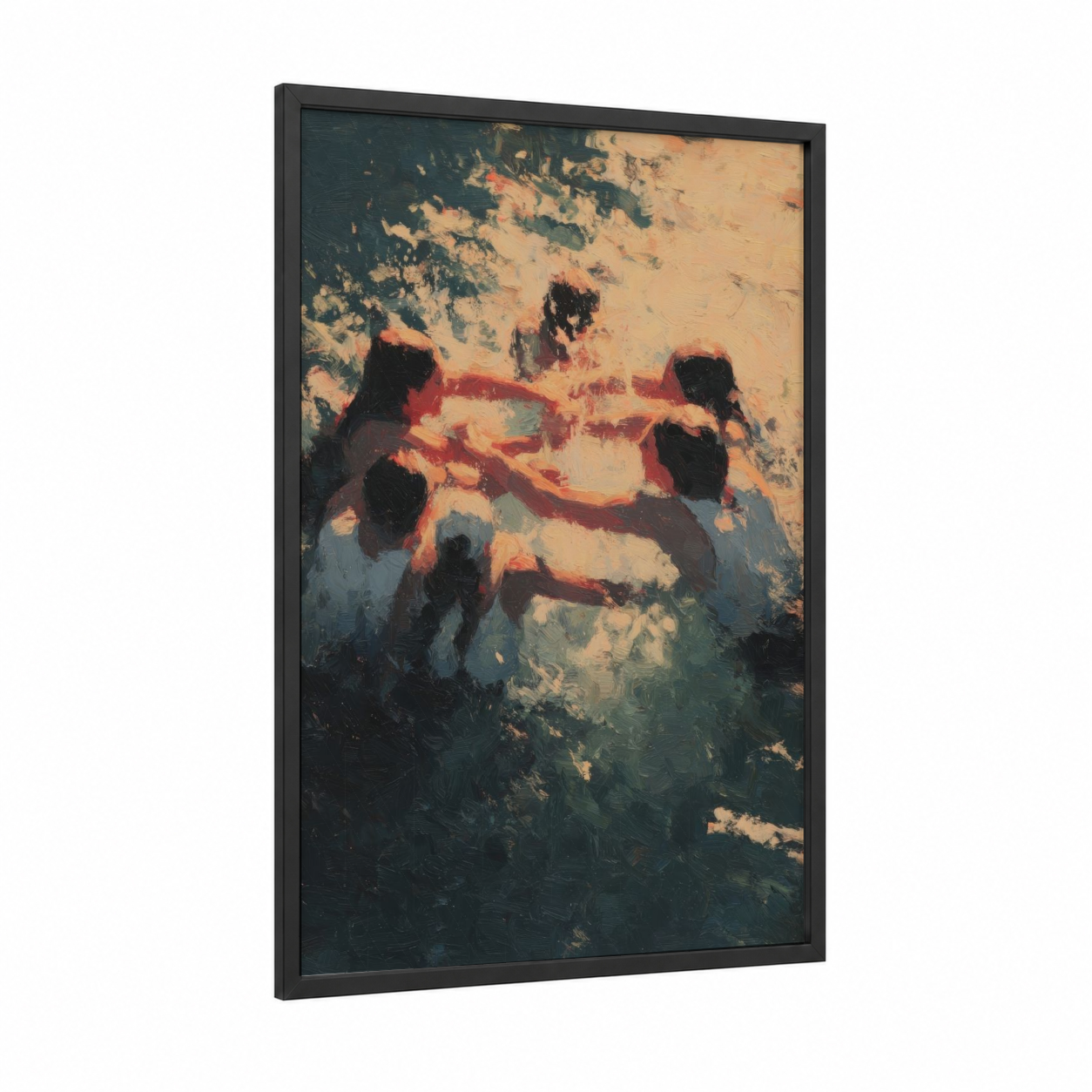 Golden Water Polo framed art print — black wood frame — gold and dark blue palette