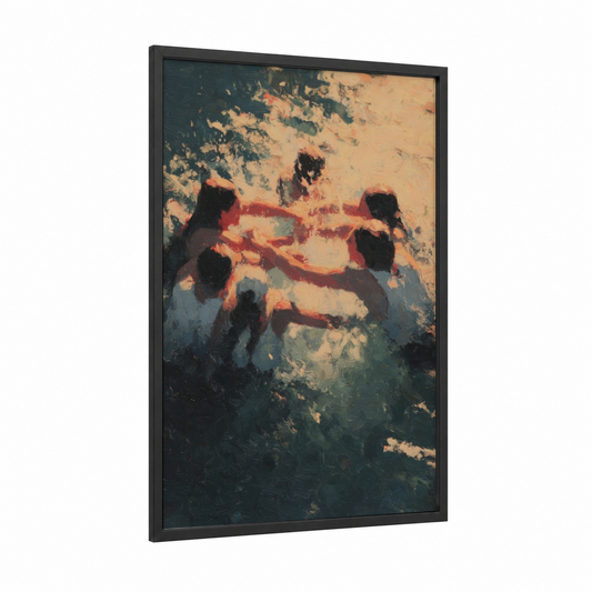 Golden Water Polo framed art print — black wood frame — gold and dark blue palette