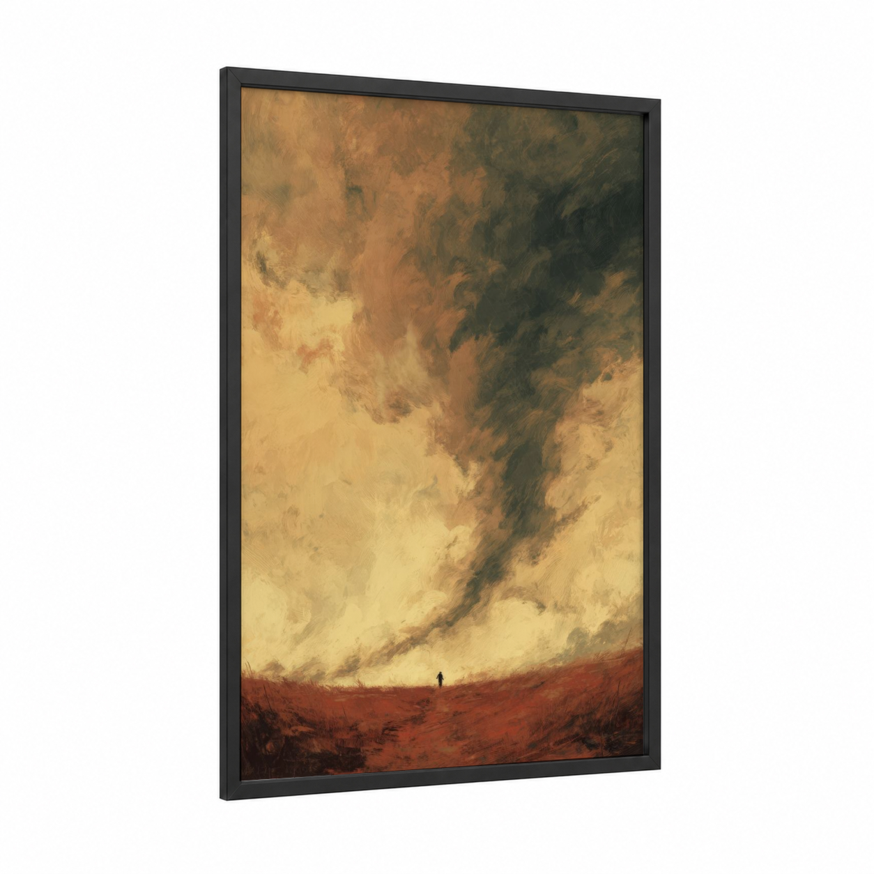 Desert Tornado framed art print — black wood frame — mustard and russet palette