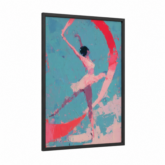 Pink Aerial Gymnast framed gymnastics print — black wood frame — turquoise and pink palette