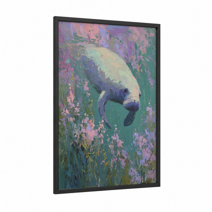 Blooming Manatee framed manatees print — black wood frame — lavender and teal palette