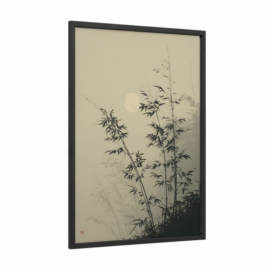 Moonlit Bamboo framed art print — black wood frame — black and white and gray palette