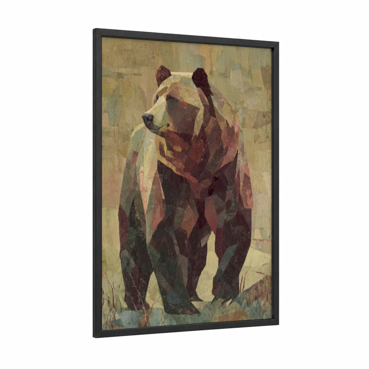 Geometric Grizzly framed grizzly bear print — black wood frame — maroon and gold palette